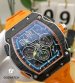 Detailed 120-degree close-up of Richard Mille RM 65-01 skeletonized dial with chronograph functions.