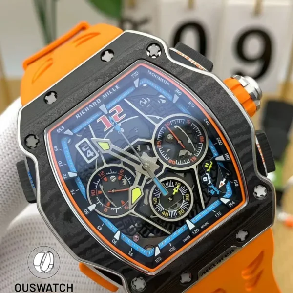 Detailed 120-degree close-up of Richard Mille RM 65-01 skeletonized dial with chronograph functions.