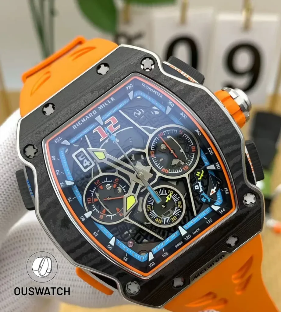 Detailed 120-degree close-up of Richard Mille RM 65-01 skeletonized dial with chronograph functions.