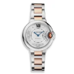 Cartier Ballon Bleu 33mm two-tone (18K rose gold & stainless steel) watch on white background