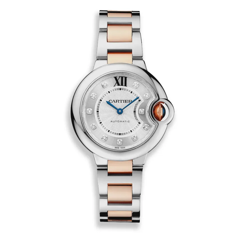 Cartier Ballon Bleu 33mm two-tone (18K rose gold & stainless steel) watch on white background