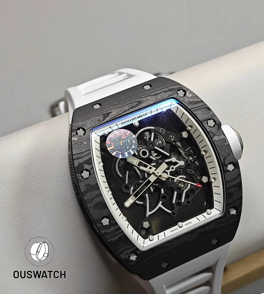 Richard Mille RM 055 Bubba Watson watch with carbon fiber case, skeleton dial, and white rubber strap in full display.