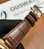 Close-up of the brown leather strap and clasp on the Patek Philippe Nautilus 5980/1R-001