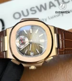 Overhead shot of the Patek Philippe Nautilus 5980/1R rose gold chronograph, highlighting case and dial.