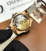 Rear view of the Patek Philippe Nautilus 5980/1R rose gold, showing the exhibition caseback and movement.