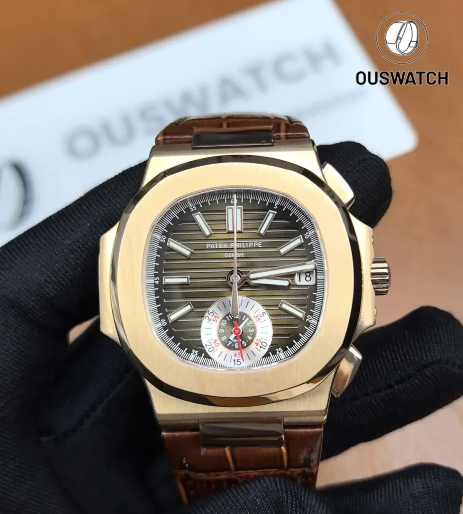 Front view of the Patek Philippe Nautilus 5980/1R rose gold chronograph watch