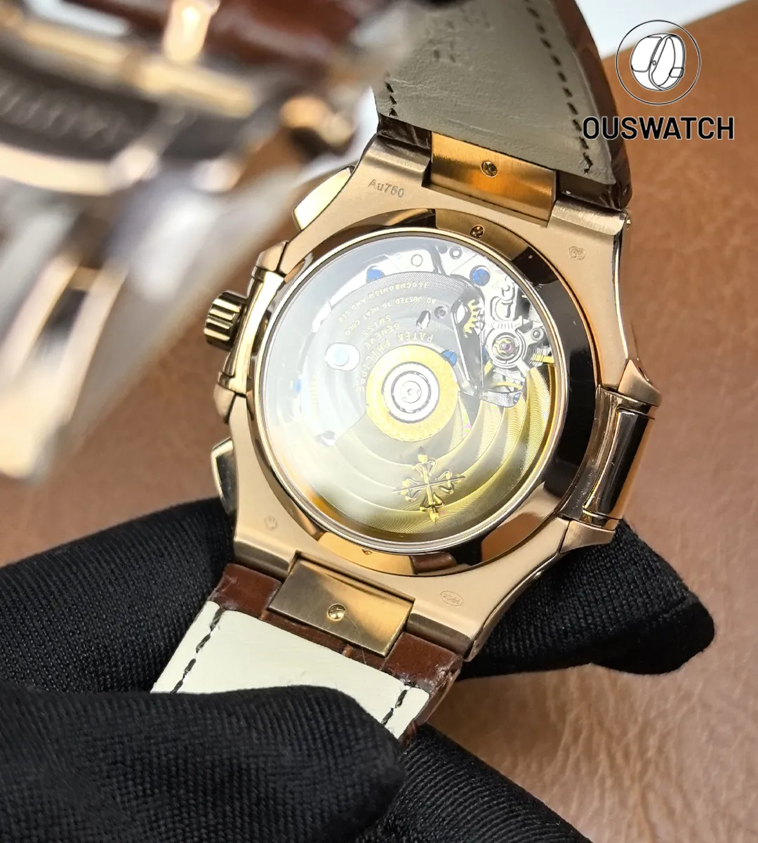 Macro shot of the caliber inside the Patek Philippe Nautilus 5980 chronograph watch.