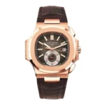 Patek Philippe Nautilus 5980/1R rose gold chronograph watch shown on a white background