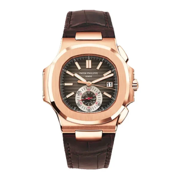 Patek Philippe Nautilus 5980/1R rose gold chronograph watch shown on a white background