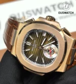 Close-up of the brown sunburst dial on the Patek Philippe Nautilus 5980 chronograph.