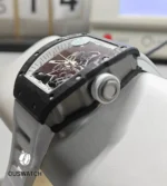 Detailed close-up of Richard Mille RM 055 Bubba Watson watch titanium case and crown.