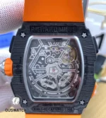 Backside of Richard Mille RM 65-01 skeleton case showing automatic Swiss movement.