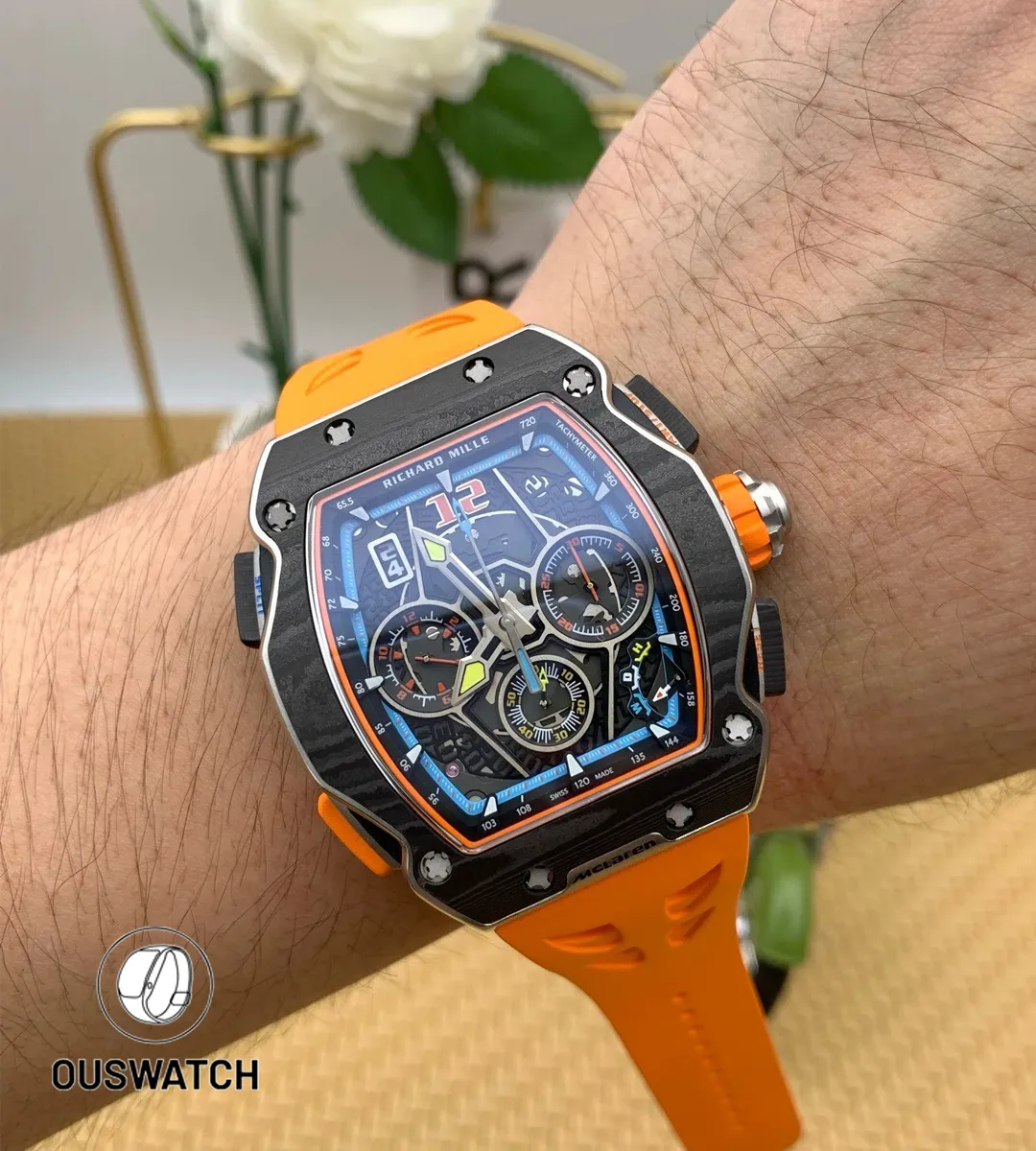 Richard Mille RM 65-01 Swiss skeleton chronograph watch worn on wrist showcasing sporty elegance.