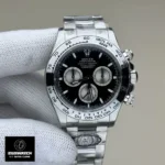 Front view of Rolex Daytona 126509 with black dial and stainless steel case.