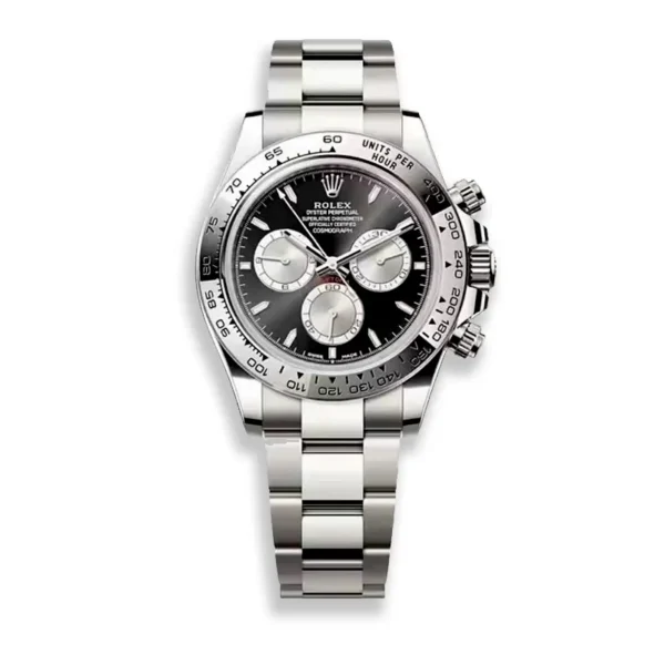 Rolex Daytona 126509 men’s watch with black dial and steel case on a white background