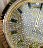 Macro shot of the Rolex Day-Date 36 (128238-0051) dial detail, focusing on rainbow gems and diamond hour markers.