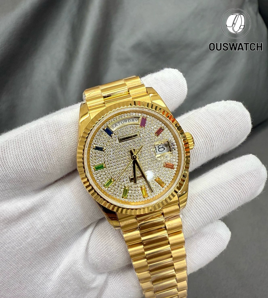 Rolex Day-Date 36 yellow gold iced-out diamond watch, featuring a fully set bezel and President bracelet