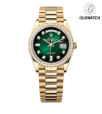 Rolex Day-Date 36 iced-out watch in 18k yellow gold, featuring a green ombre diamond dial and President bracelet, model 128348RBR-0035.