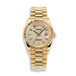 Rolex Day-Date 36 M128238-0051 iced-out diamond watch in 18k yellow gold shown on a white background.