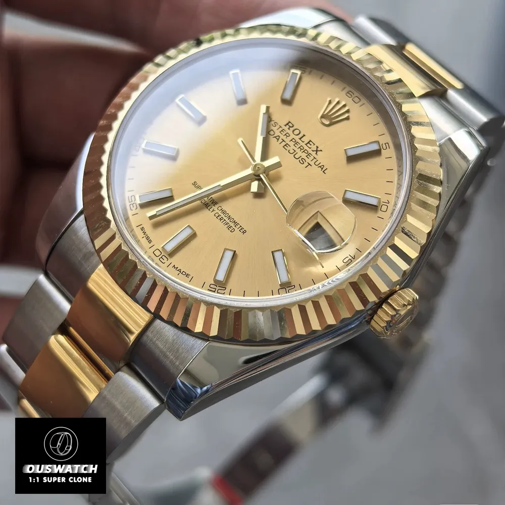 45-degree angle shot of the Rolex 126333 showcasing the sunburst champagne dial and applied hour markers.