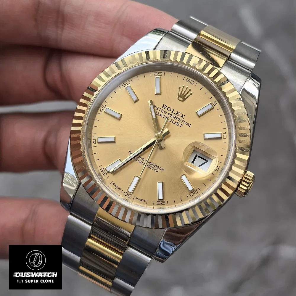75-degree front-angle view of the Rolex 126333-0009 showing both the champagne dial and polished case side