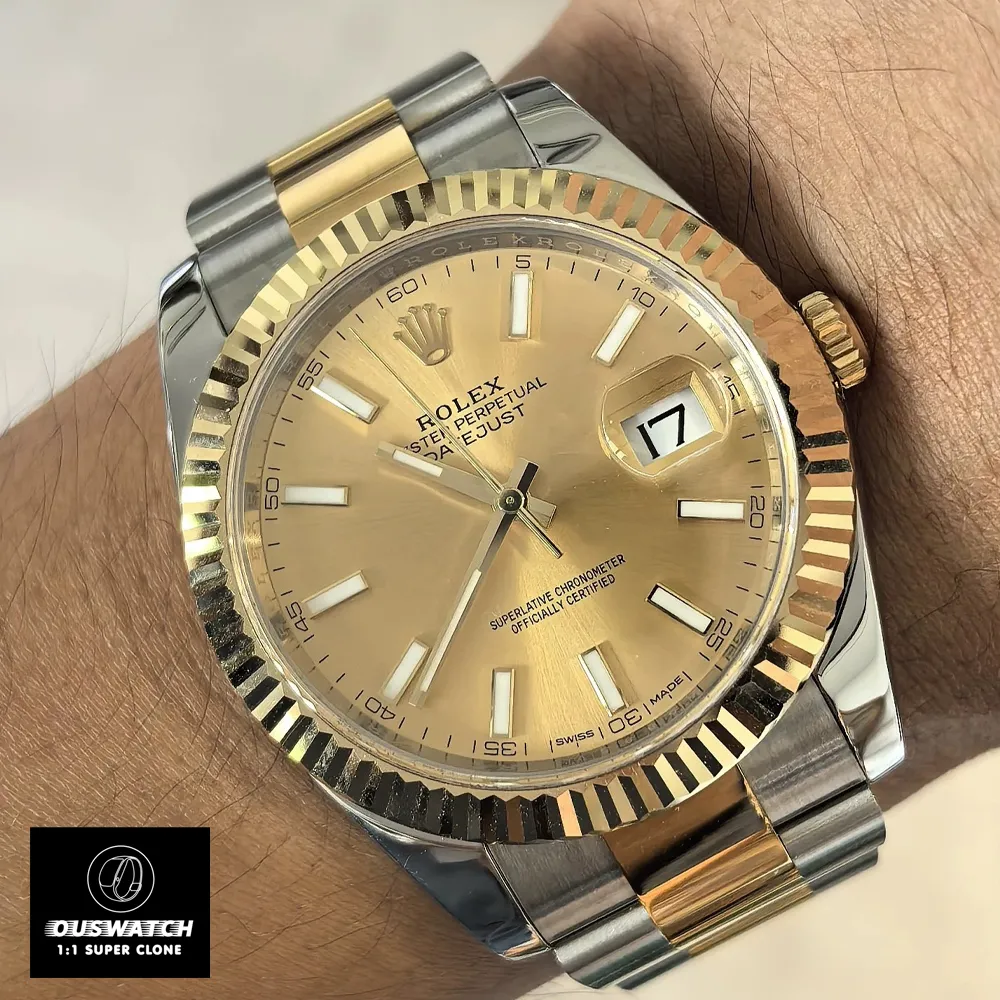 Wrist shot of the Rolex Datejust 41 with champagne dial, worn on a male wrist in natural daylight