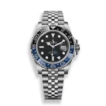 Rolex GMT-Master II Batgirl 126710BLNR-0002 with blue and black ceramic bezel on white background, front view.