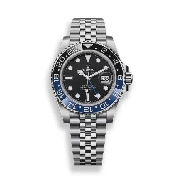 Rolex GMT-Master II Batgirl 126710BLNR-0002 with blue and black ceramic bezel on white background, front view.