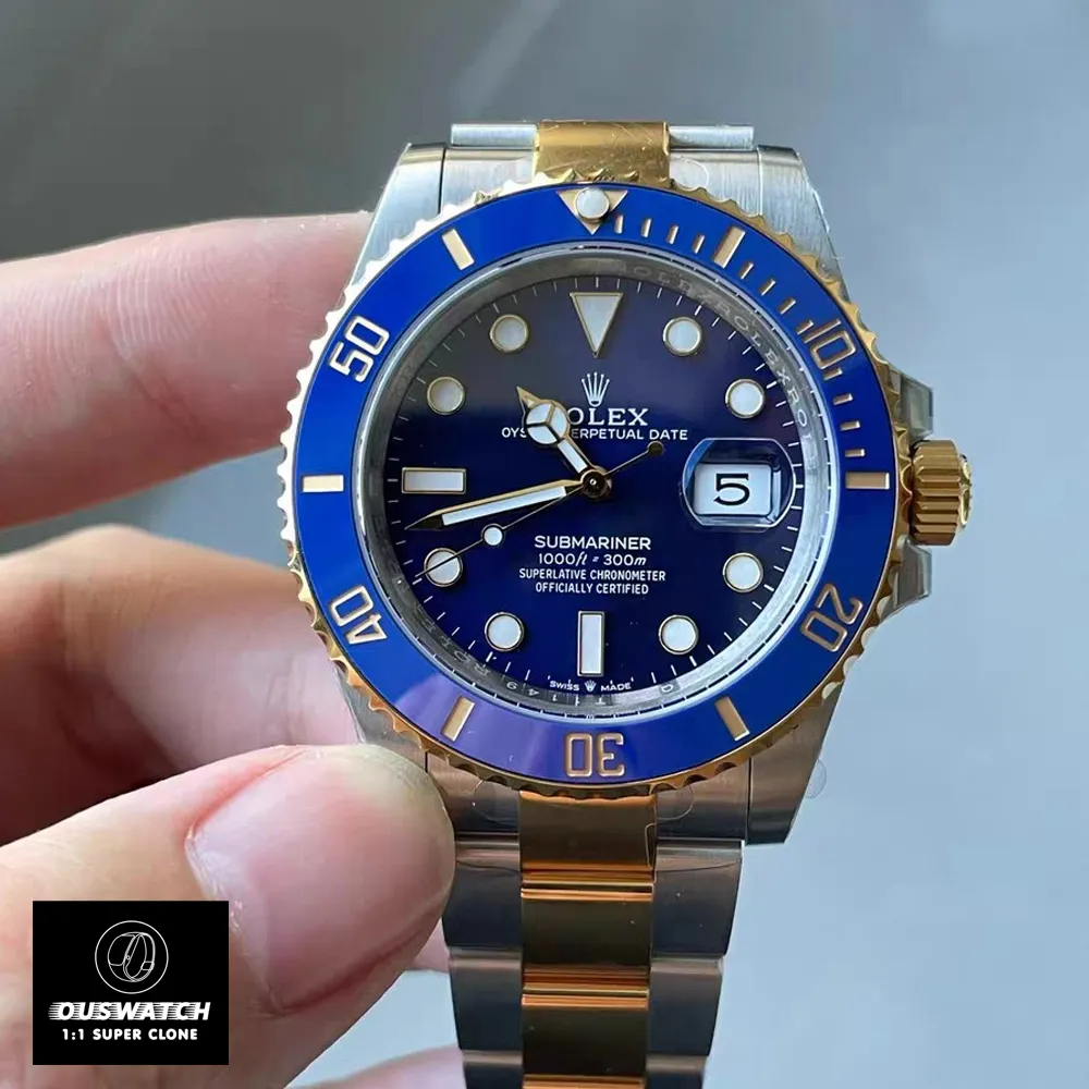 Front view of the Super Clone Rolex Submariner Bluesy 41mm (126613LB) with blue dial and two-tone bracelet.