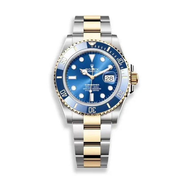 Super Clone Rolex Submariner Bluesy two-tone 126613LB watch on a white background.