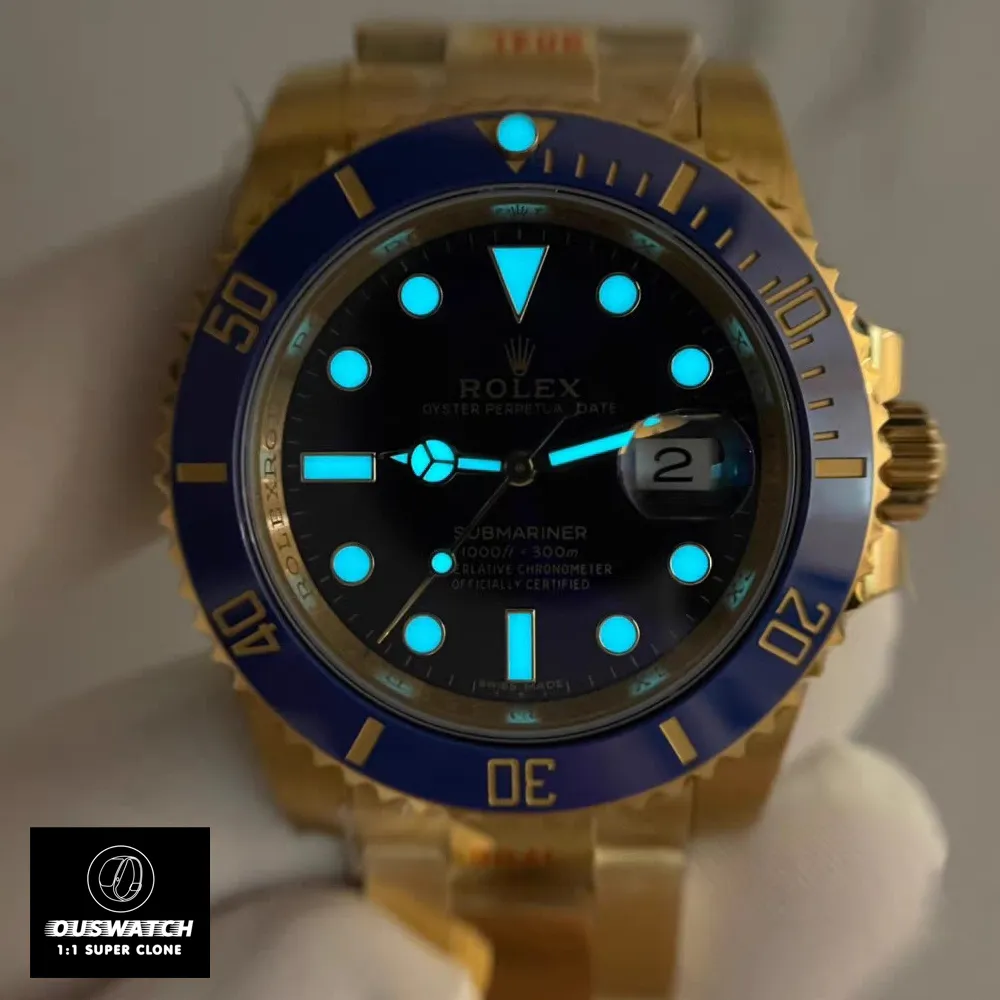 Rolex 126618LB-0002 blue dial in low light showing lume performance and dial legibility.