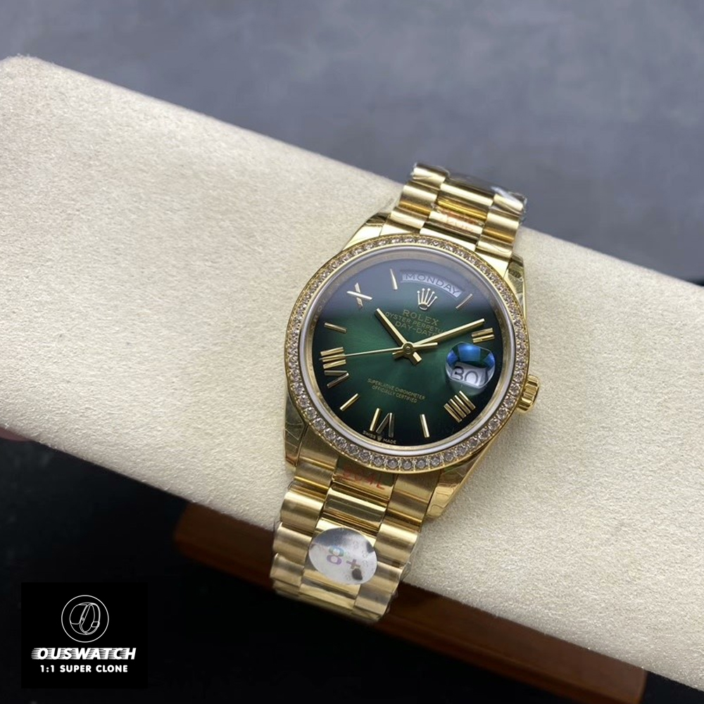 Rolex 228348RBR-0045 overall 80° angle shot, showing case, bezel and President bracelet.