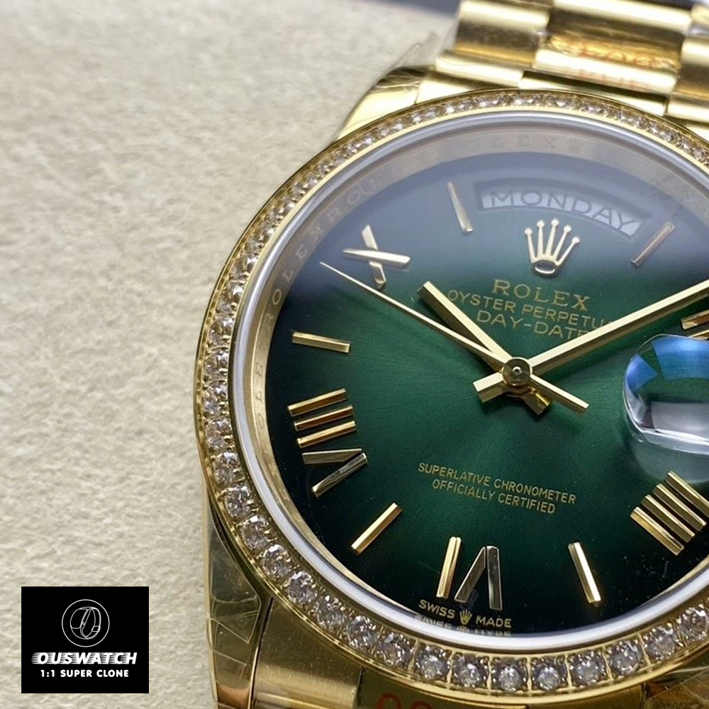 Close-up of Rolex Day-Date 40 green ombre dial, showing gradient color and hour markers.