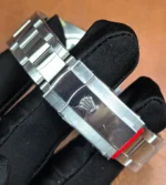 Folding clasp detail of Rolex Datejust 126200-0006 blue dial stainless steel bracelet.