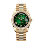 Rolex Day-Date 40 228348RBR super clone with green ombre dial on white background, front view.