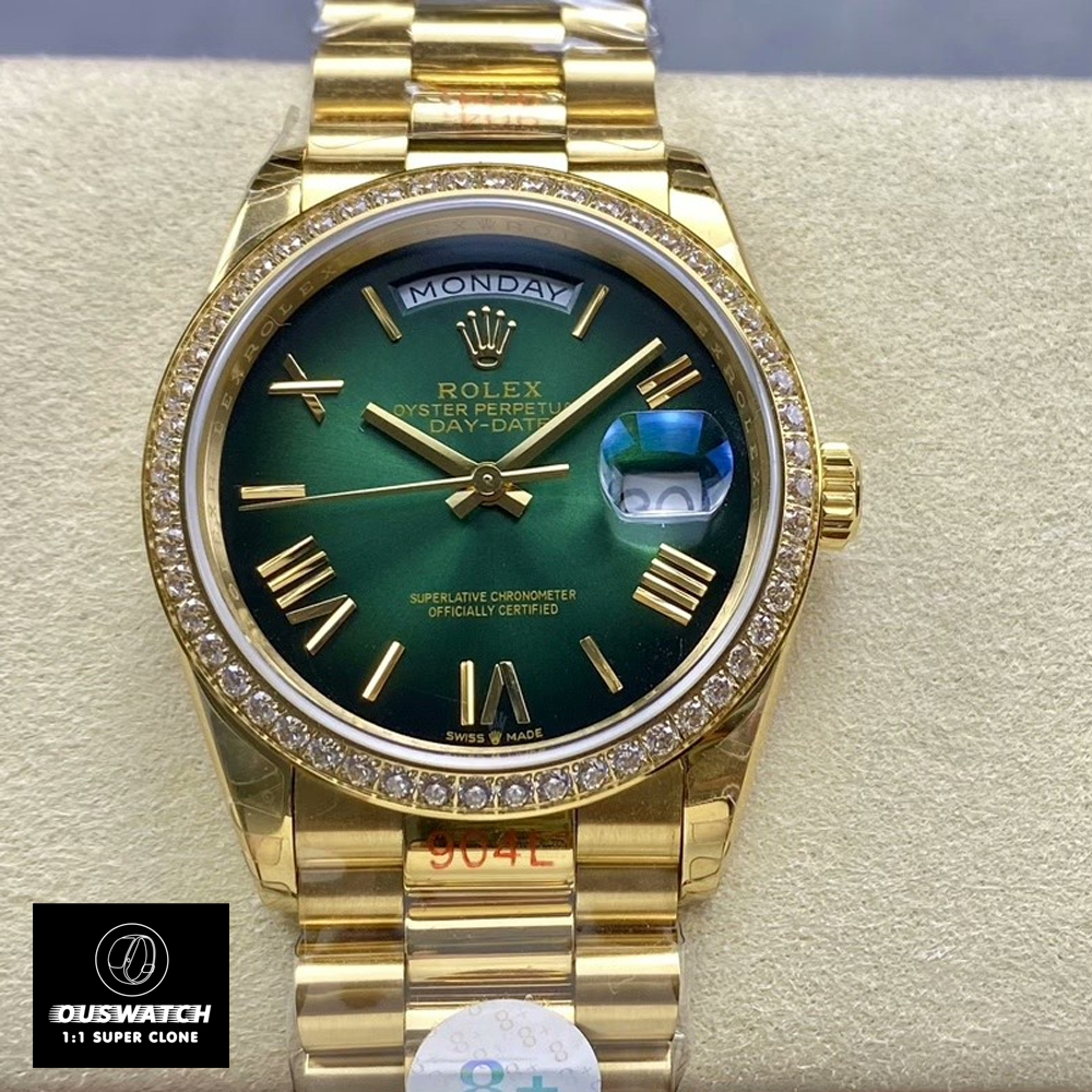 Rolex Day-Date 40 228348RBR yellow gold President watch, front view showing dial and bracelet.