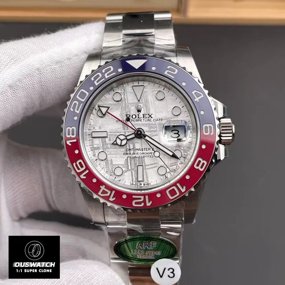 Front view of Rolex GMT Master II Pepsi Meteorite Dial watch