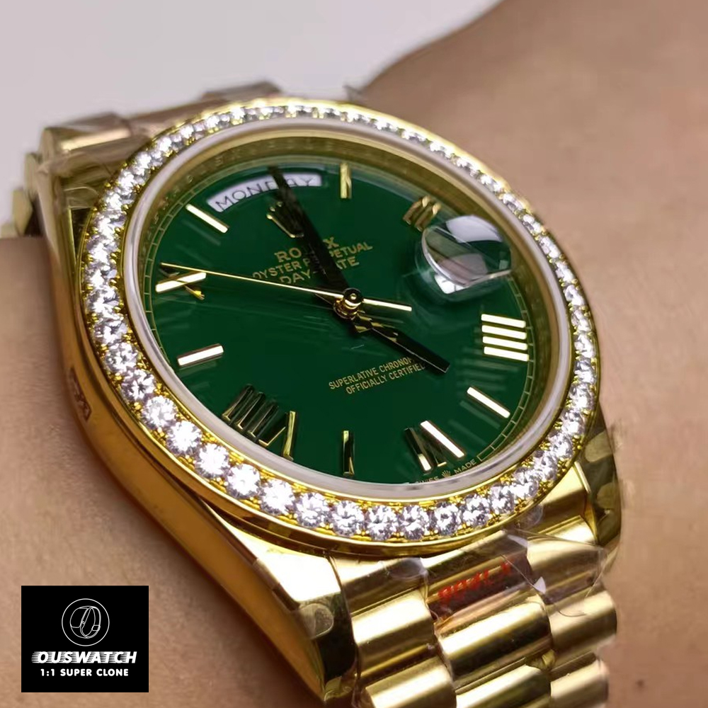 Macro detail of iced-out diamond bezel on Rolex 228348RBR President watch, showing stone setting.