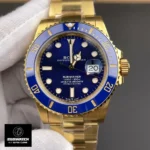 Front view of Rolex Submariner 18k yellow gold 126618LB-0002 highlighting bezel and blue dial.
