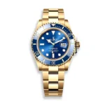 Rolex Submariner 126618LB-0002 yellow gold blue dial super clone watch on white background, front view.
