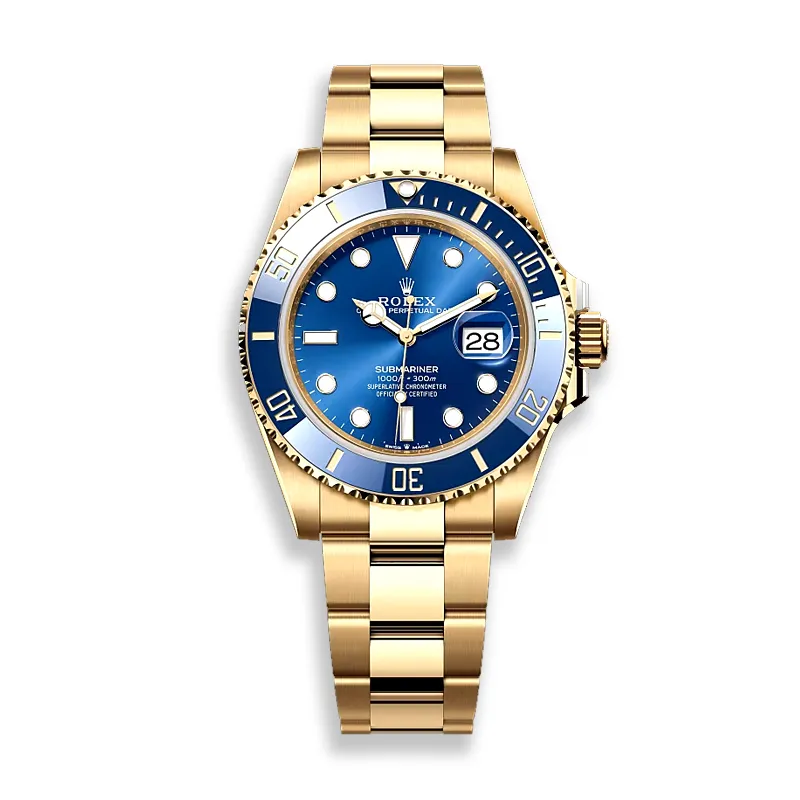 rolex-submariner-yellow-gold-blue-dial-126618lb Rolex Submariner 126618LB-0002 yellow gold blue dial super clone watch on white background, front view.