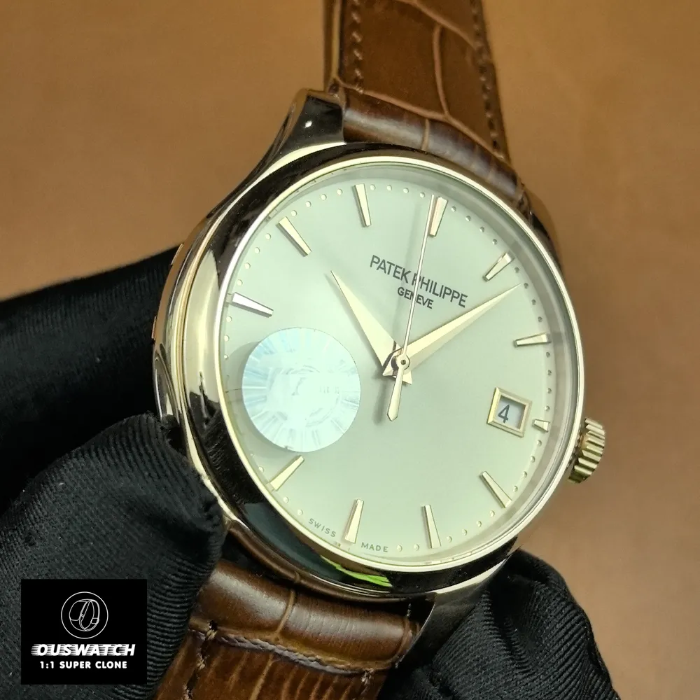 Patek Philippe Calatrava 5227R-001 in rose gold — 85-degree angled display highlighting case profile.