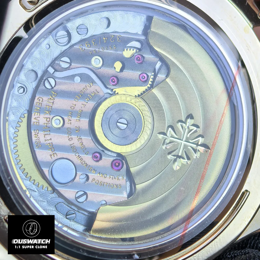 Close-up of the movement in Patek Philippe Calatrava 5227R-001 — visible bridges, rotor and finishing.