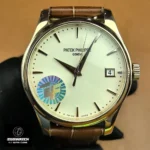 Patek Philippe Calatrava rose gold watch — straight-on front view showing dial and hands.