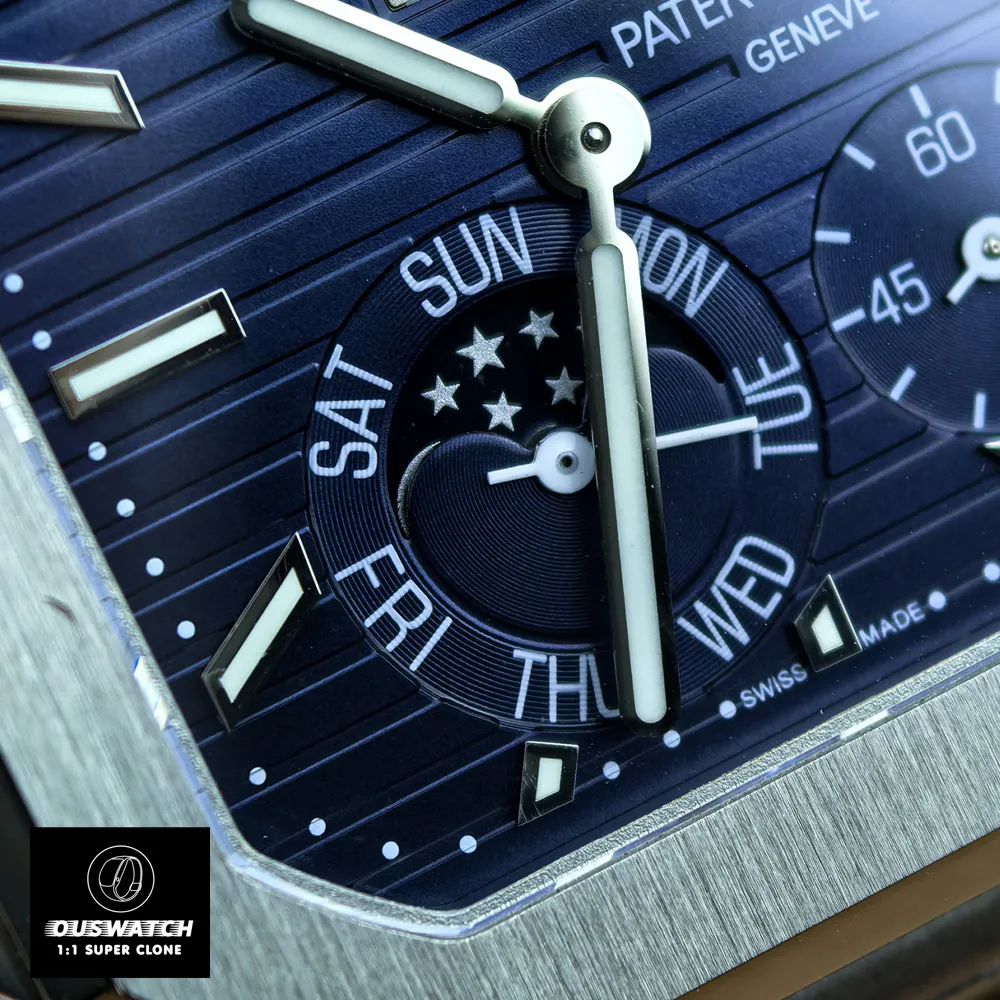 Detailed view of the moon phase and weekday subdial on the Patek Philippe Cubitus 5822p-001.