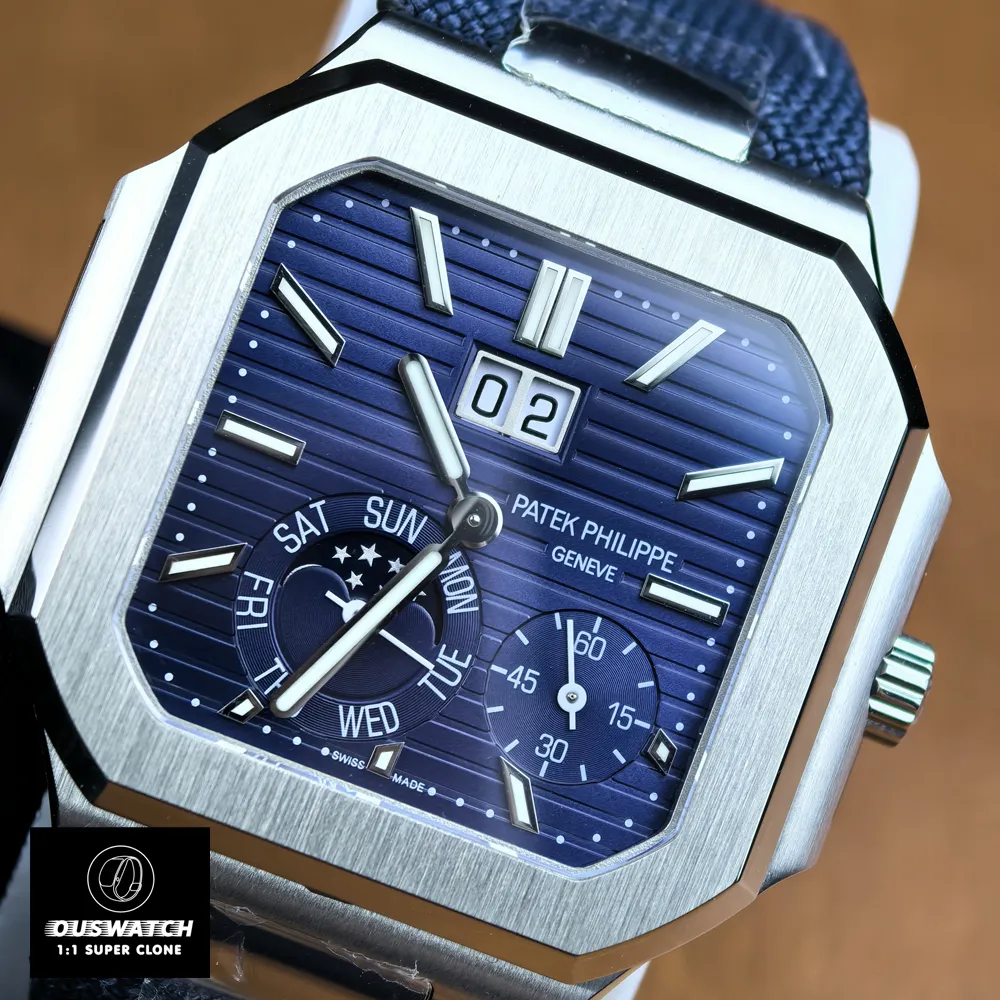 Angled view of the Patek Philippe Cubitus 5822p-001 highlighting the moon phase dial design.