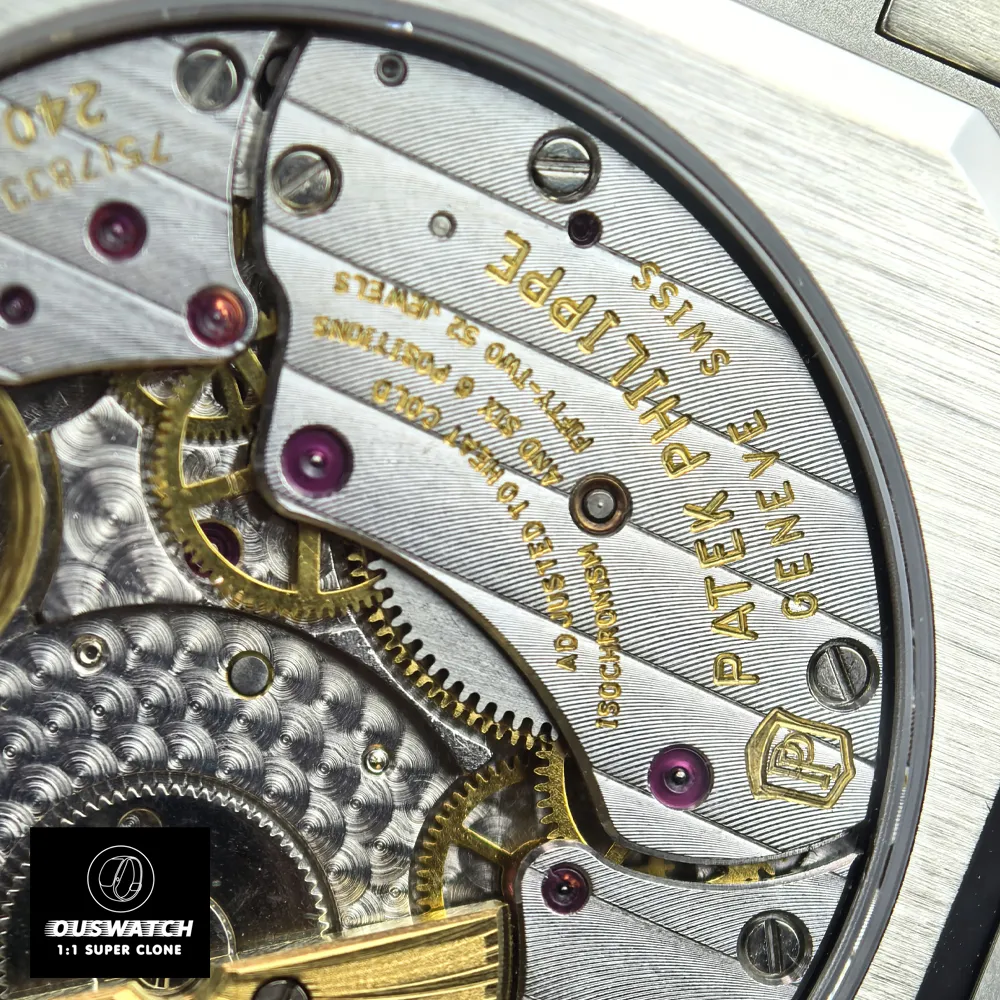Macro shot of the Patek Philippe 5822p-001 movement engraving, showing precise craftsmanship.