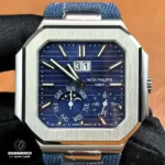 Front view of the Patek Philippe Cubitus 5822p-001 with deep blue dial and elegant moon phase window.