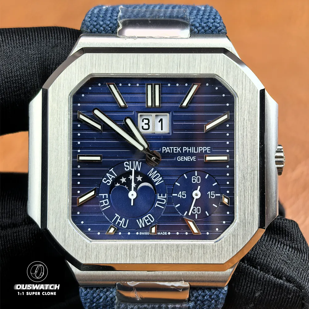 Front view of the Patek Philippe Cubitus 5822p-001 with deep blue dial and elegant moon phase window.