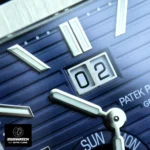 Polished platinum hour markers on the Patek Philippe Cubitus 5822p-001 blue dial.